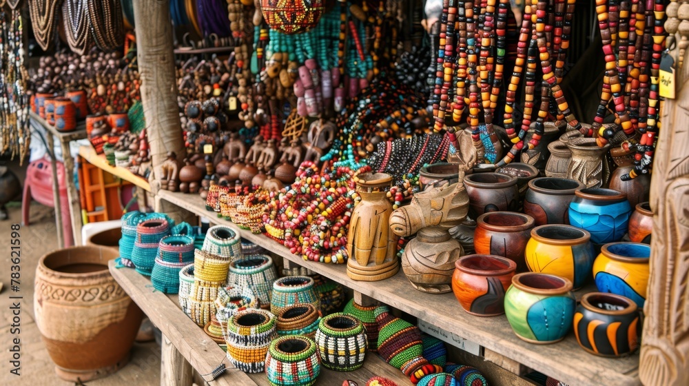 Accra Craft Market with African Textiles, Wood Carvings, and Beaded Jewelry, Accompanied by Drum Music and Dancing