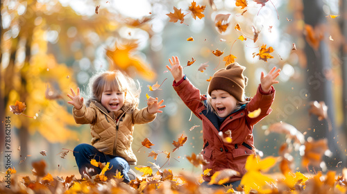Carefree kids playing with leaves in an autumn park.