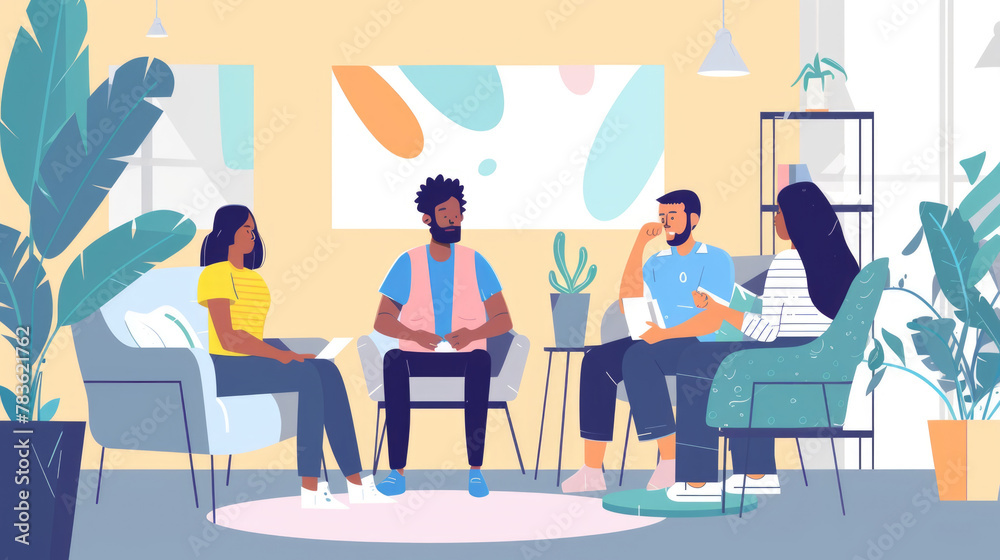 A diverse group of individuals of different ages and genders are seated on sofas and chairs in a living room. They appear engaged in conversation and activities A diverse group of individuals of different ages and genders are seated on sofas and chairs in a living room. They appear engaged in conversation and activities