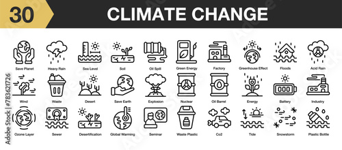 Set of 30 climate change icon set. Includes factory, oil barrel, plastic, save earth, energy, waste, and More. Outline icons vector collection.