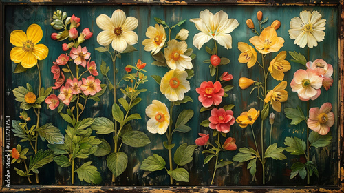 Vintage Floral Collection On Teal, Antique Botanical Art Composition