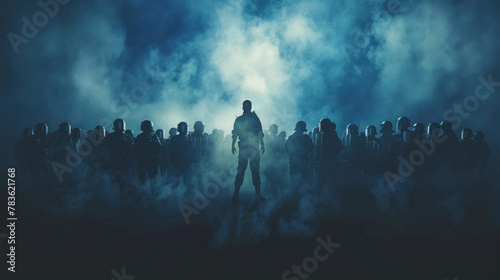 A single person is highlighted against a crowd shrouded in blue mist, creating an aura of mystery and anticipation