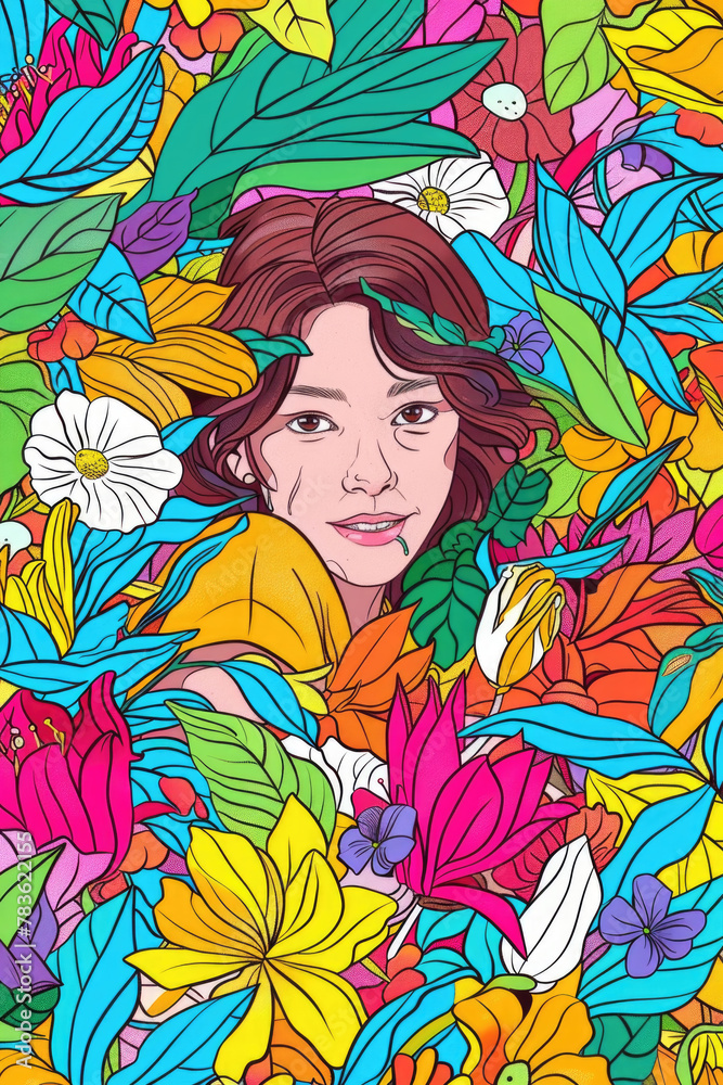 A painting depicting a woman standing amidst a vibrant array of flowers