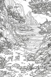 A black and white drawing of a mountain stream meandering through rocks and boulders