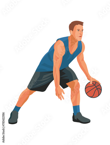 Basketball player in a blue sports uniform stands before throwing the ball