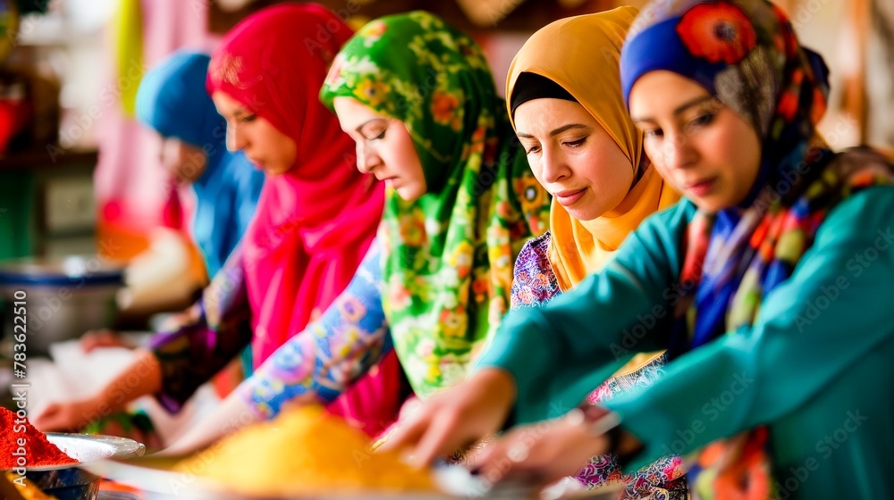 Fototapeta premium A group of women in colorful hijabs engaged in a community service project, embodying the spirit of giving and cooperation.