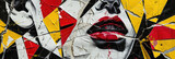 A colorful graffiti of a womans fragmented face with striking red lips, displayed on a wall, showcasing urban street art