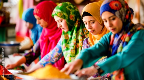 A group of women in colorful hijabs engaged in a community service project, embodying the spirit of giving and cooperation. photo