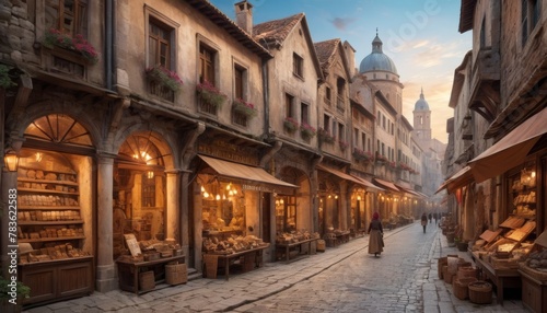 A tranquil evening settles over a cobblestone street lined with historic buildings, arched doorways, and warmly lit artisan shops, evoking a timeless charm.. AI Generation © Anastasiia