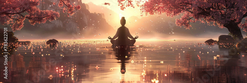 A person meditating in body of water, enclosed by trees in a serene natural setting © sommersby
