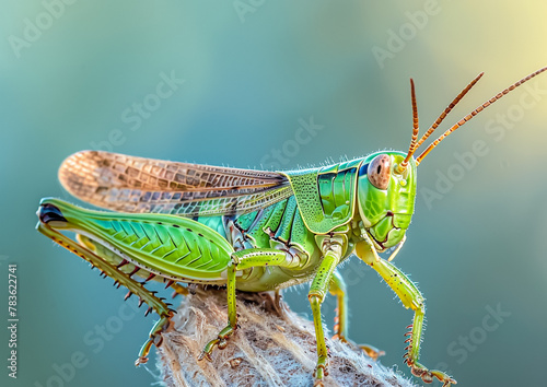 A green grasshopper sits on a dry brown branch. © Mayura