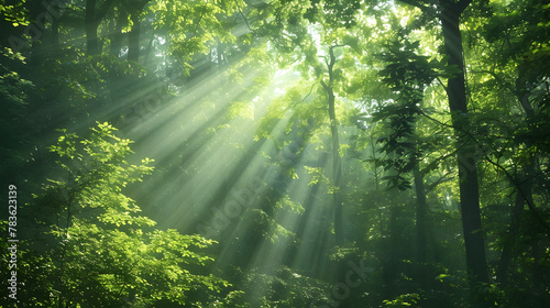 Sunlight streaming through the canopy of a dense forest.   