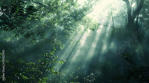 Sunlight streaming through the canopy of a dense forest.