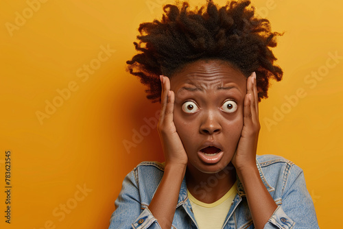 Shocked woman with wide eyes holding face in hands on yellow background. Surprise and astonishment concept. Studio shot with copy space. Design for banner, poster, and reaction marketing materials