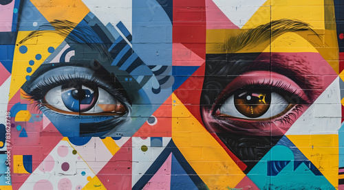 Street art mural graffiti depicting the face of an attractive woman with large eyes, surrounded by geometric patterns and vibrant colors.