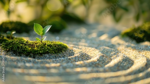 tranquil Zen garden with raked sand moss