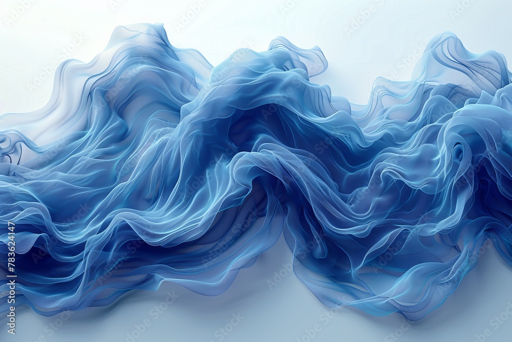 The artwork presents undulating soft blue waves, conveying calmness and innovation with a modern digital art twist The artwork presents undulating soft blue waves, conveying calmness and innovation with a modern digital art twist