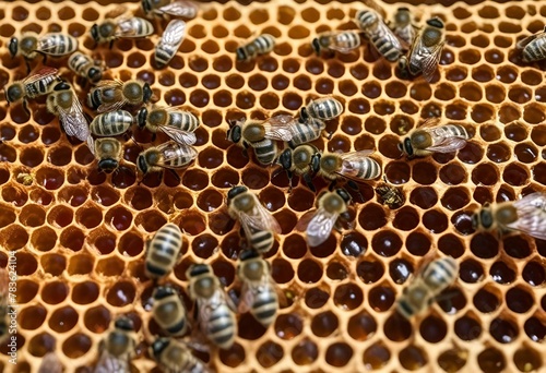 a number of bees on a piece of honey combs