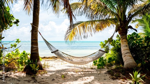 A hammock strung between palm trees, the azure sky and sea creating a backdrop of pure bliss and relaxation. © Sasint