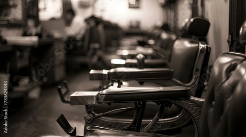 AI generated illustration of rows of chairs with customers in a busy barber shop