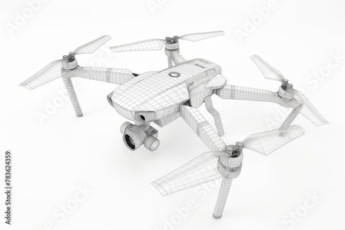 A digital 3D wireframe model of a quadcopter drone isolated on a white background, representing technology design process.