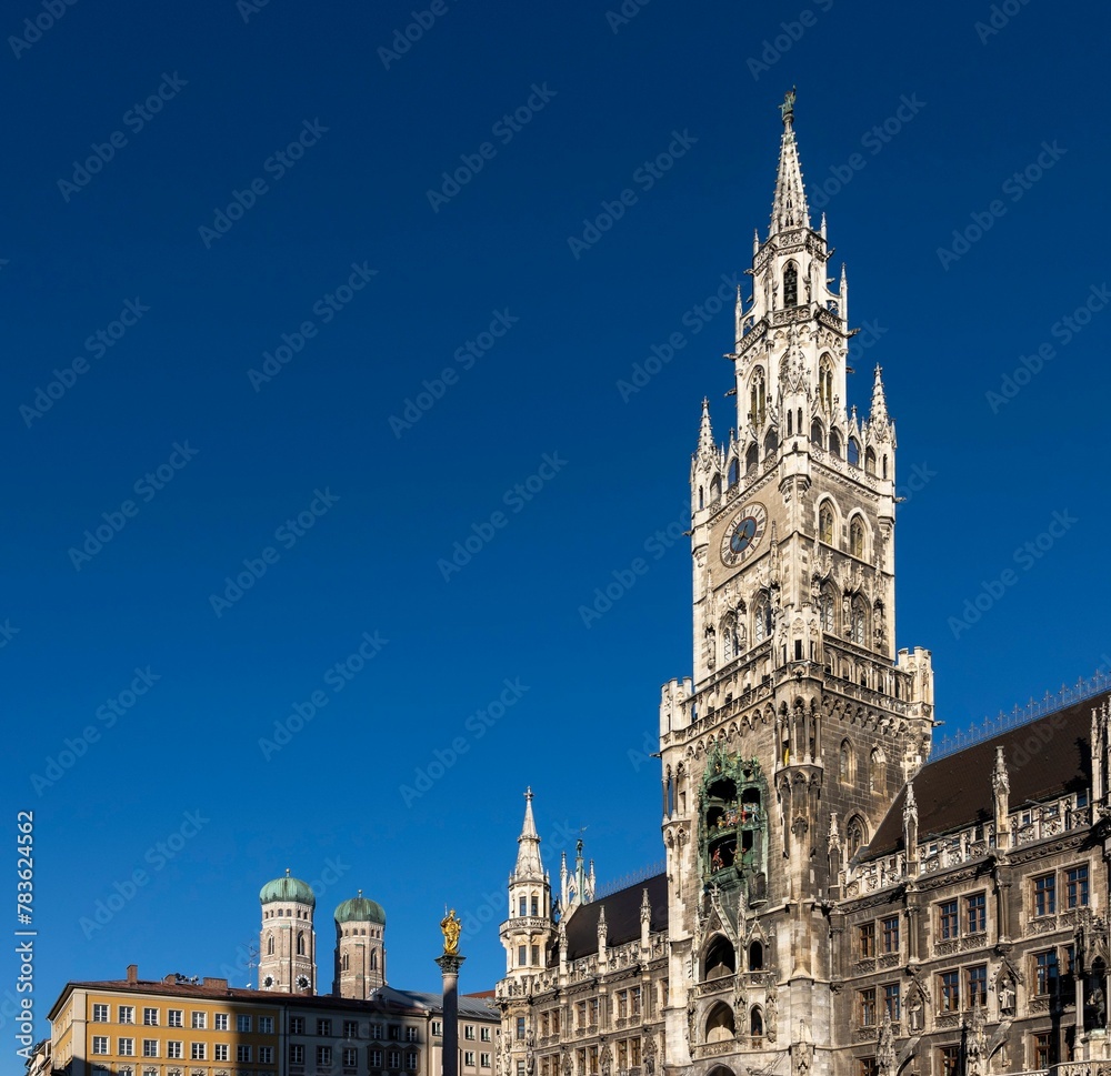 Scenic view of the New town hall Building in Munich on a blue clear sky background