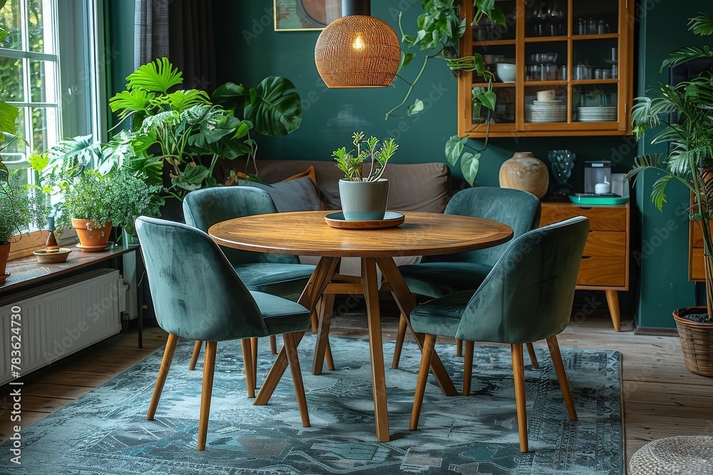 Obraz premium This photo features an elegant wooden dining table and stylish green chairs in a plant-filled room