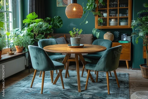 This photo features an elegant wooden dining table and stylish green chairs in a plant-filled room