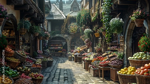 AI generated illustration of a narrow brick road with baskets overflowing with fresh produce