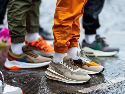 Fashionable street style featuring the latest sneaker trend in a candid snapshot on the street.