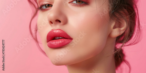 Sublime Close-up of Elegant Woman with Glossy Pink Lips and Subtle Makeup