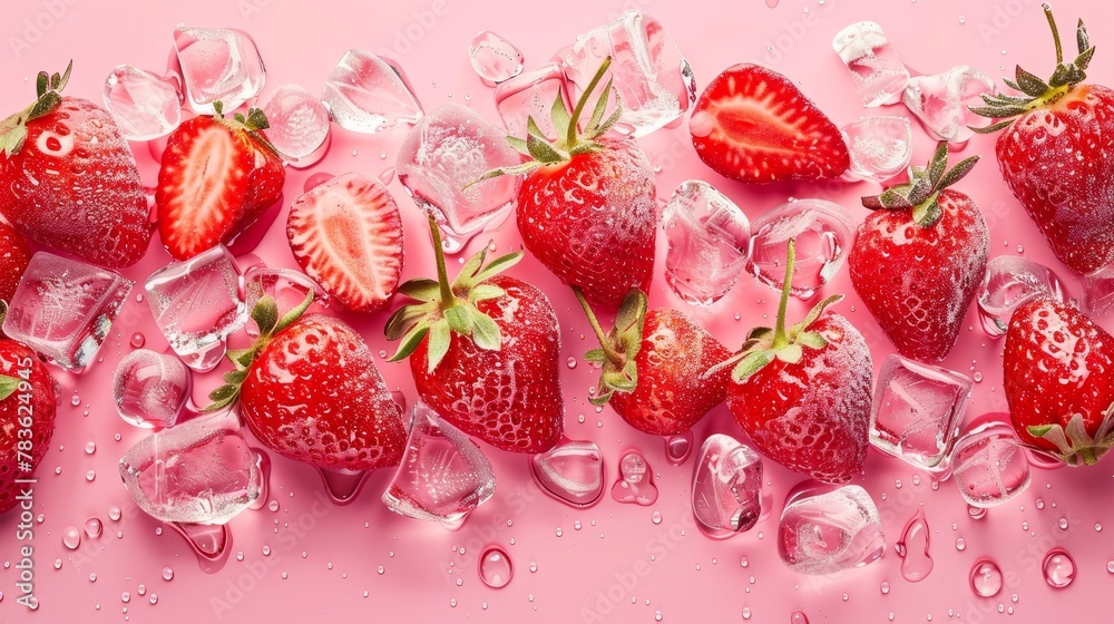 Ripe strawberries set against a pink gradient background encased in ice AI generated illustration Ripe strawberries set against a pink gradient background encased in ice AI generated illustration
