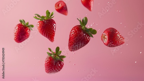 Ripe strawberries suspended in mid-air with a pink gradient background  AI generated illustration