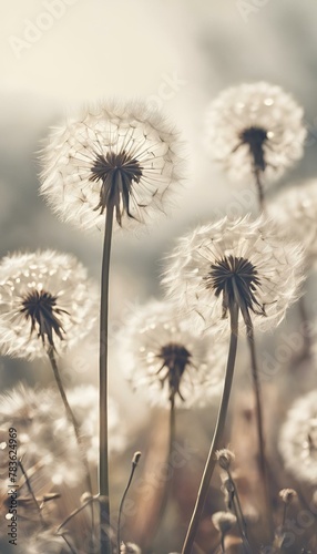 several dandelions are growing up with sunlight behind them