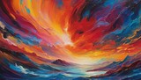 An oil painting captures a vibrant sky at sunset, with rich swirls of red, orange, and blue against a mountain silhouette.