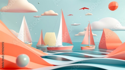 Sailing sails and boats in a retro color palette 3d style isolated flying objects memphis style 3d render AI generated illustration