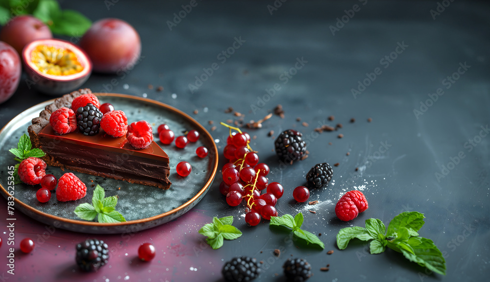 Creative food template. Cranberry raspberry blackberry chocolate cream fruit tart cake tartlet pastry dessert with passionfruit peach dark background surrounded with fruits leaf. copy text space.	
 - obrazy, fototapety, plakaty 