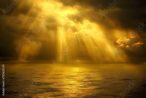 Dramatic Sun Rays Piercing Through Clouds Over Ocean. Majestic Natural Scene. Landscape Image. Aesthetic Radiant Light. Generative AI