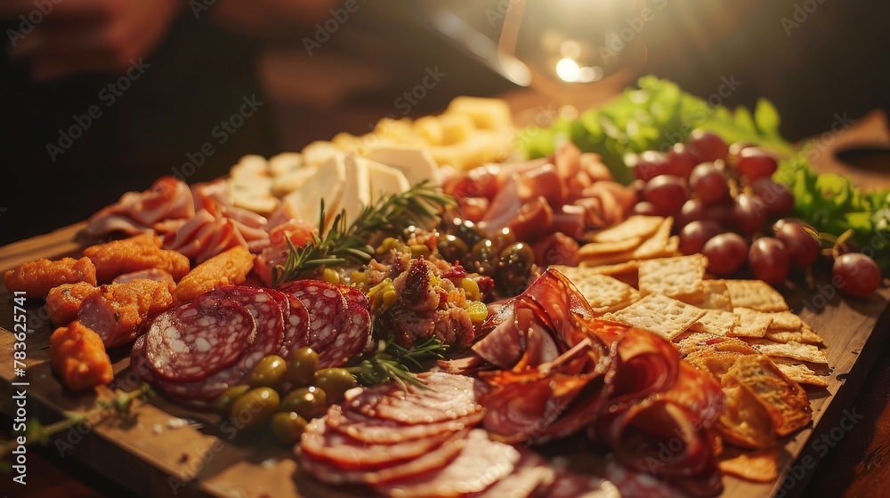 Showcase the intricate details of a flying charcuterie board under a spotlight AI generated illustration Showcase the intricate details of a flying charcuterie board under a spotlight AI generated illustration