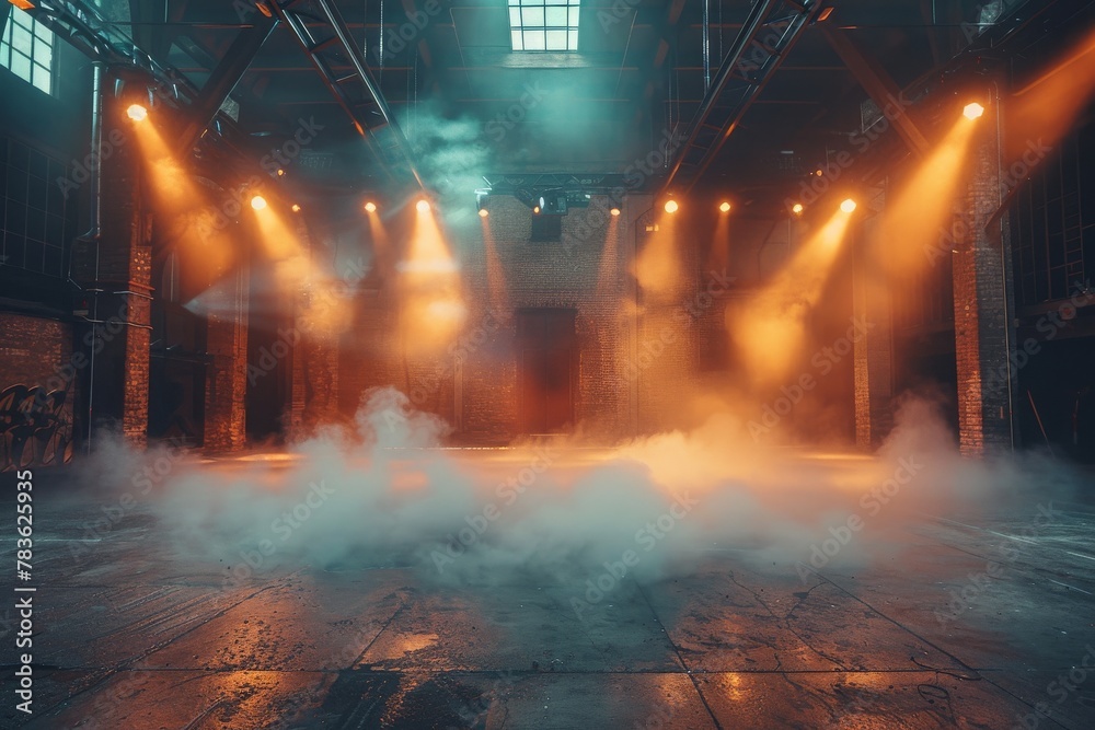 An industrial empty warehouse is filled with dramatic fog and striking beam lights, creating an eerie yet captivating atmosphere