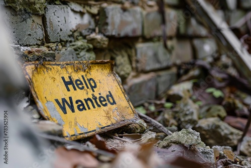 Abandoned Weathered "Help Wanted" Sign beside a Person in Need of Basic Necessities, Reflecting on the Current State of Turmoil and Unemployment.