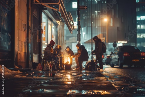 Homeless People Gathered Around a Fire for Warmth on a Cold City Night, Illustrating the Theme of Survival and Community Solidarity.