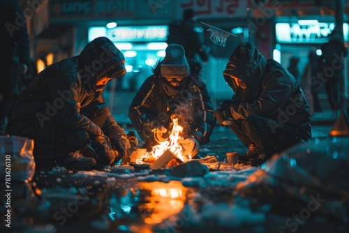 Homeless Individuals Huddled Around a Fire on a Cold Urban Night, Symbolizing Warmth and Togetherness Amidst Adversities.