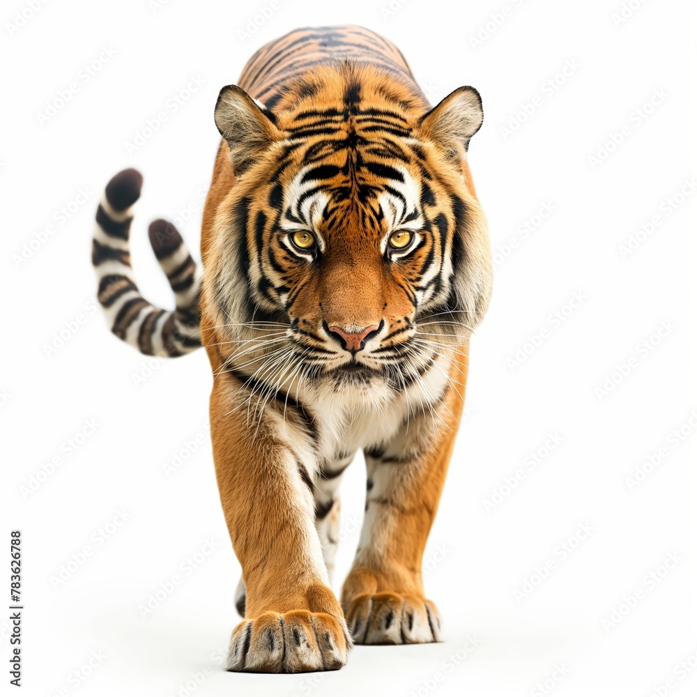 A frontal view of a Bengal tiger approaching, isolated on white background, displaying power and grace.