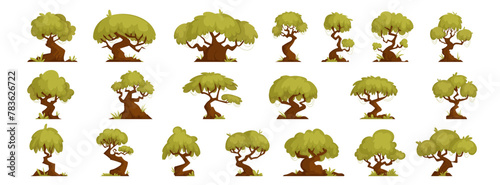 Large Set of forest trees of interesting and twisted shapes, bonsai and oaks, green forest tree of interesting shapes, flat cartoon vector.