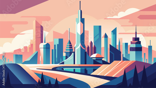 An abstract illustration of a cityscape with shifting shapes and colors representing the constant adjustment to a fastpaced urban lifestyle.