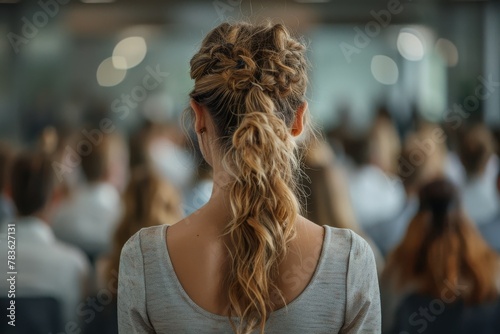 Rear view of a woman's intricately braided hair against a blurred crowd, depicting individuality among many