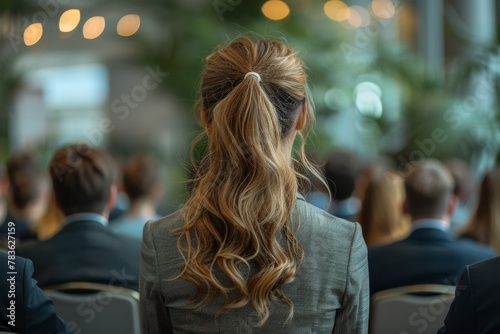 An elegant long-haired woman in a formal setting attentively listens during a corporate seminar