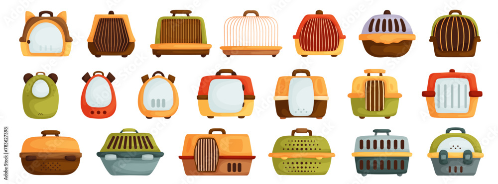 Pet Carrier Set. Empty cell. With handle and door. Portable container for transporting animals. Care. Different forms. White background. Flat cartoon vector. Pet Carrier Set. Empty cell. With handle and door. Portable container for transporting animals. Care. Different forms. White background. Flat cartoon vector.