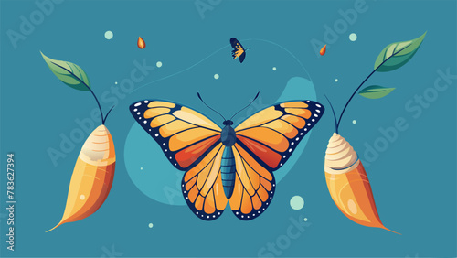 A graphic design of a butterfly breaking out of its chrysalis with the words resilience and strength written in bold letters around it. The